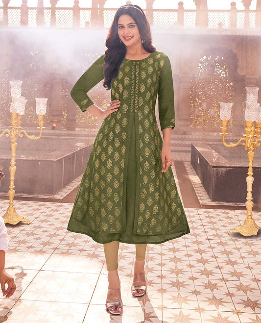 Twara green unique buttas round-neck 3/4th sleeve umbrella-style a-line knee-length attached-coat-style kurti