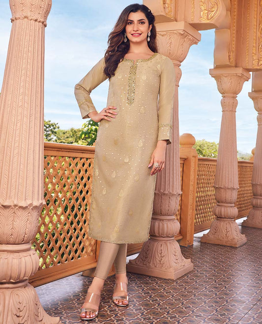Twara sandal buttas & embroidered 3/4th sleeve round-neck below-knee straight-cut kurti