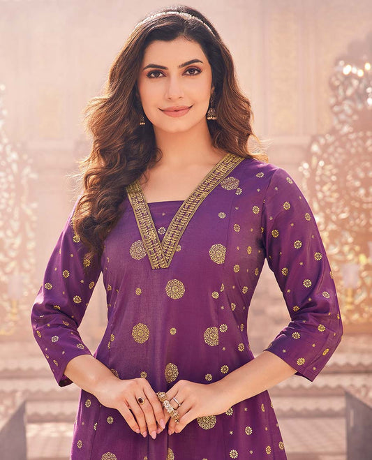 Twara purple unique buttas V-neck 3/4th sleeve umbrella-style a-line below-knee kurti