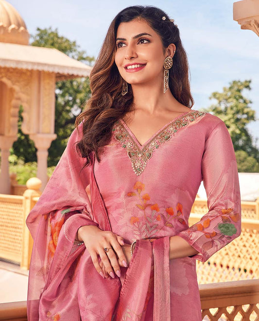 Twara pink readymade suit,floral print & embroidery v-neck 3/4th sleeve top,straight-cut pants & floral print dupatta