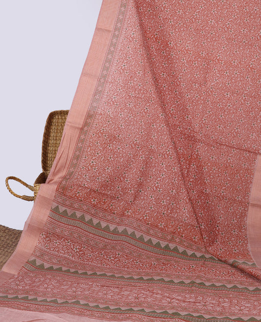 Peach floral printed budget cotton, plain border & pallu of floral & geometric designs
