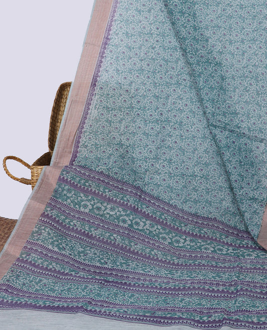 Blue floral printed budget cotton, plain border & pallu of floral & geometric designs