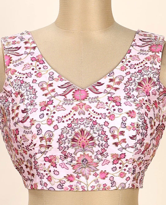 Pink intricate floral printed with thread embroidered front and back leaf-neck sleeveless readymade blouse