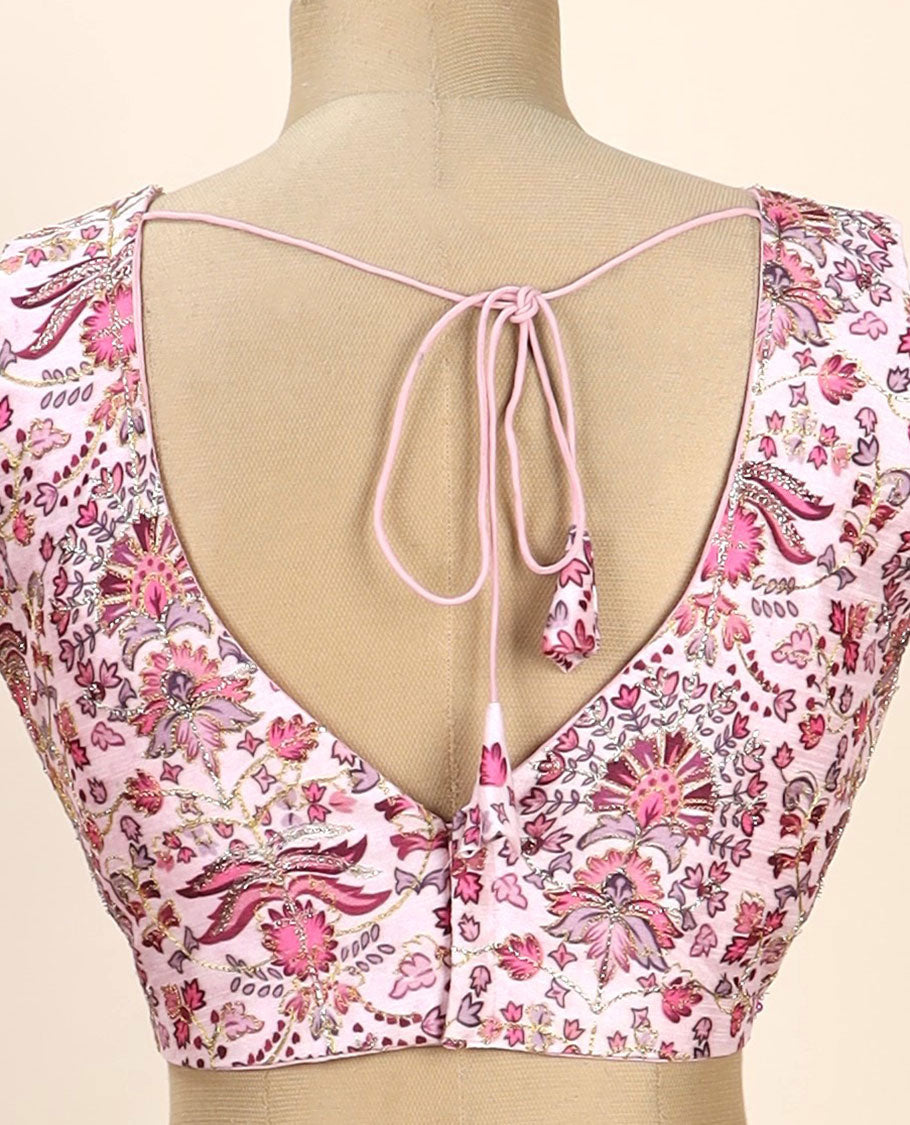 Pink intricate floral printed with thread embroidered front and back leaf-neck sleeveless readymade blouse
