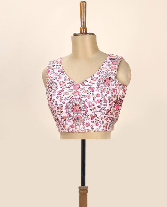 Pink intricate floral printed with thread embroidered front and back leaf-neck sleeveless readymade blouse