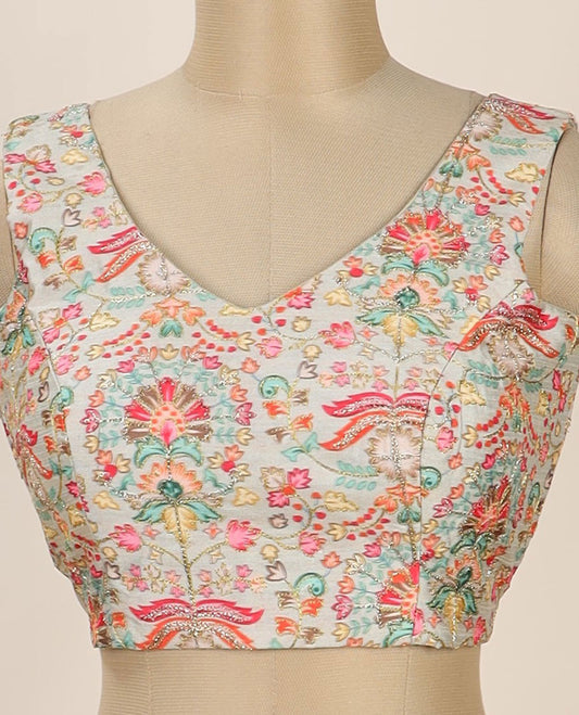 Multi-color intricate floral printed with thread embroidered front and back leaf-neck sleeveless readymade blouse