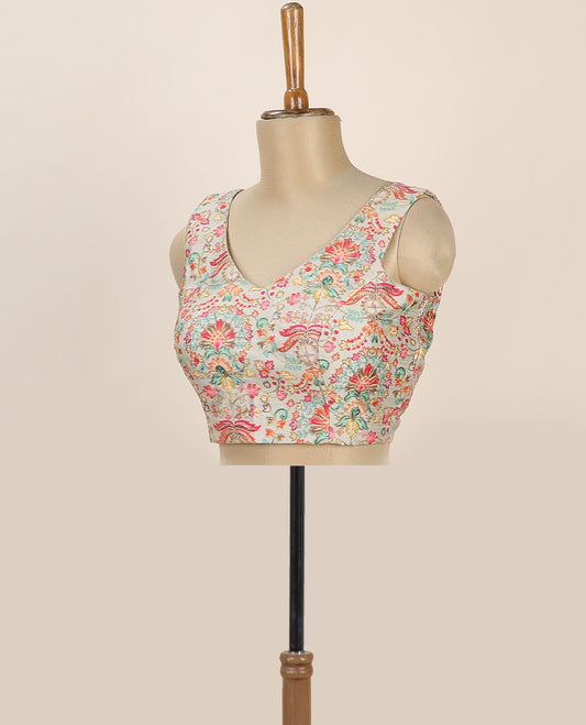Multi-color intricate floral printed with thread embroidered front and back leaf-neck sleeveless readymade blouse
