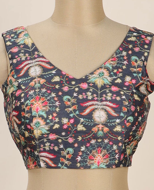 Black intricate floral printed with thread embroidered front and back leaf-neck sleeveless readymade blouse