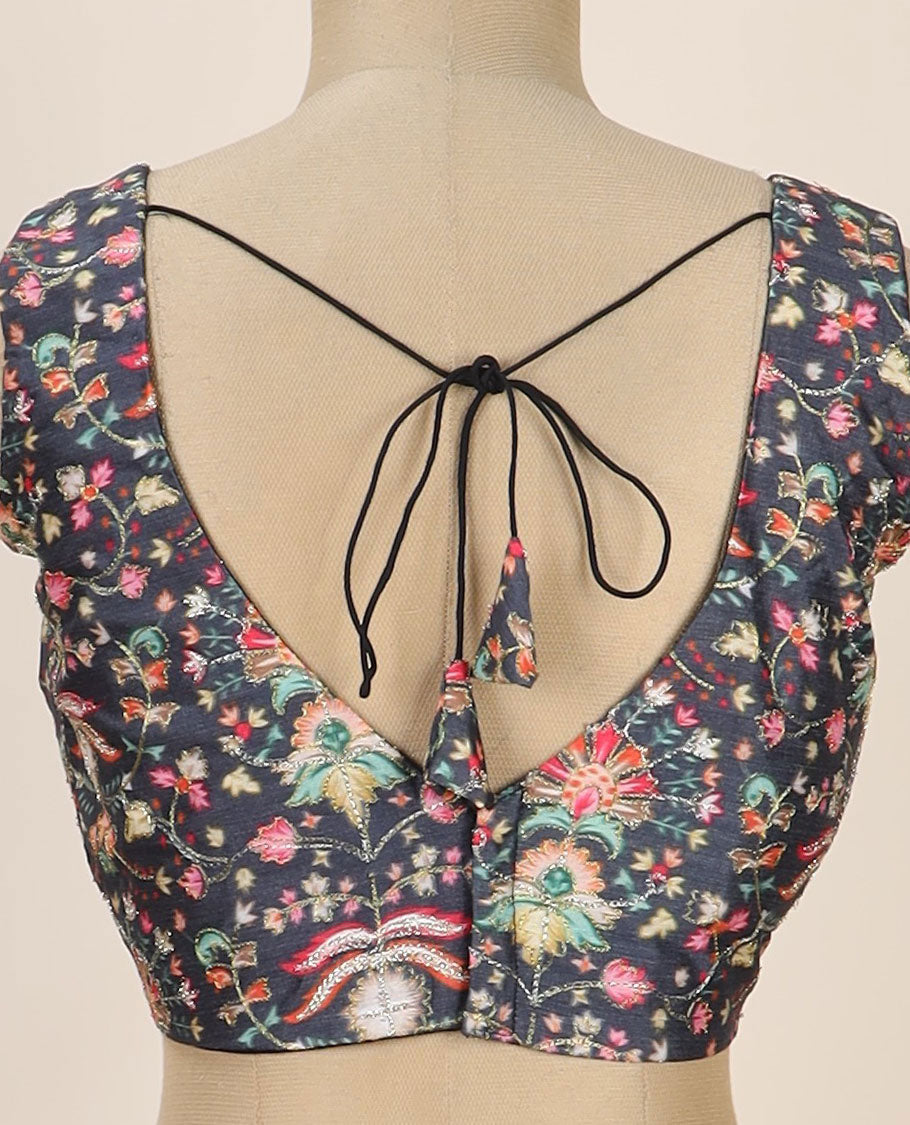 Black intricate floral printed with thread embroidered front and back leaf-neck sleeveless readymade blouse