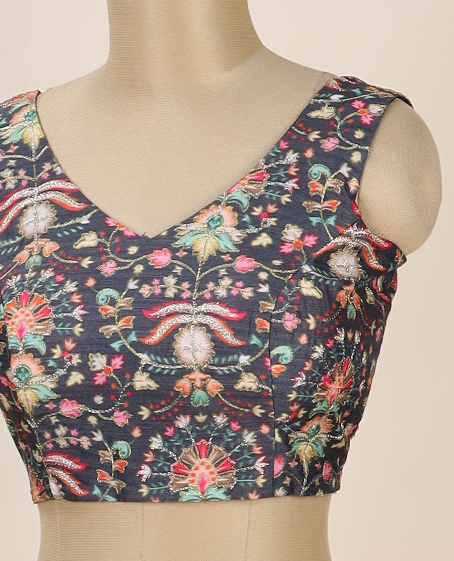 Black intricate floral printed with thread embroidered front and back leaf-neck sleeveless readymade blouse