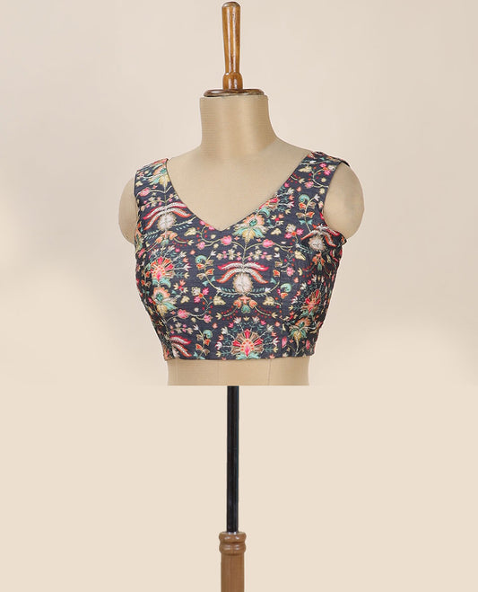 Black intricate floral printed with thread embroidered front and back leaf-neck sleeveless readymade blouse