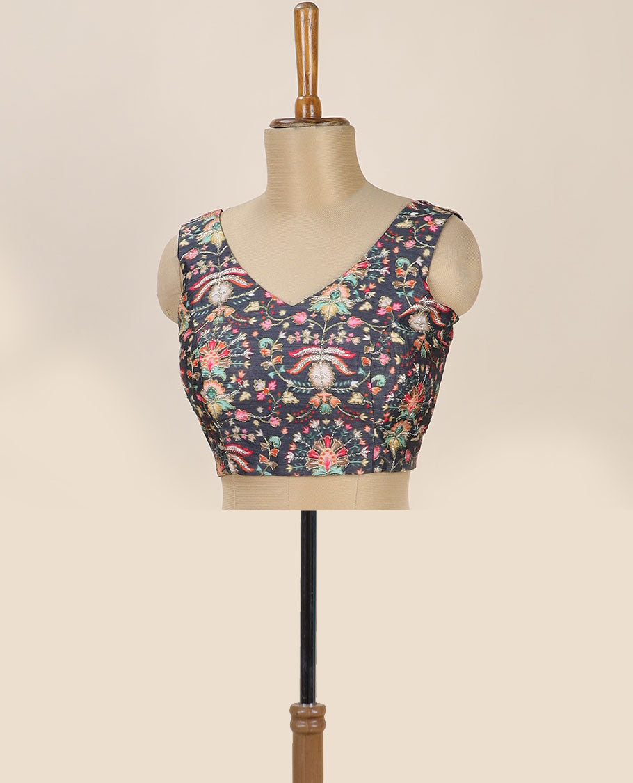 Black intricate floral printed with thread embroidered front and back leaf-neck sleeveless readymade blouse