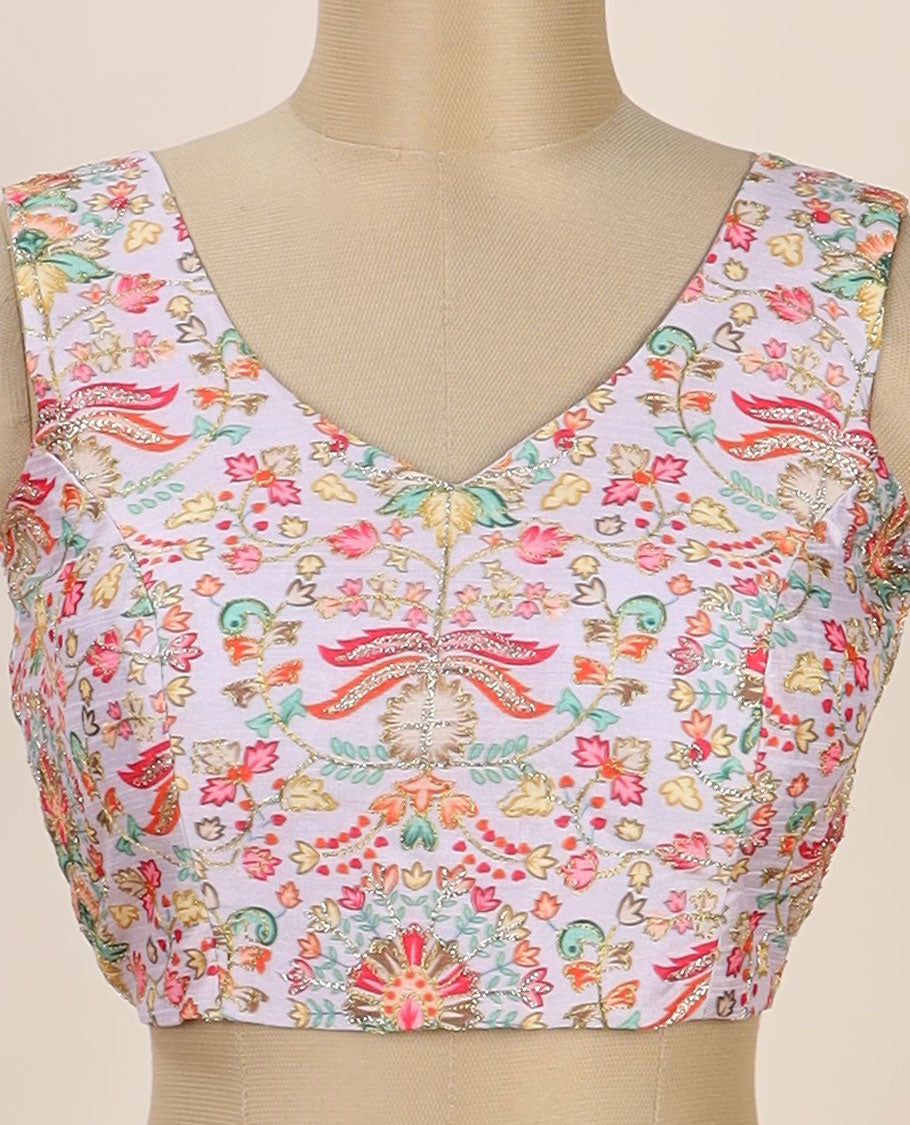 Lavender intricate floral printed with thread embroidered front and back leaf-neck sleeveless readymade blouse