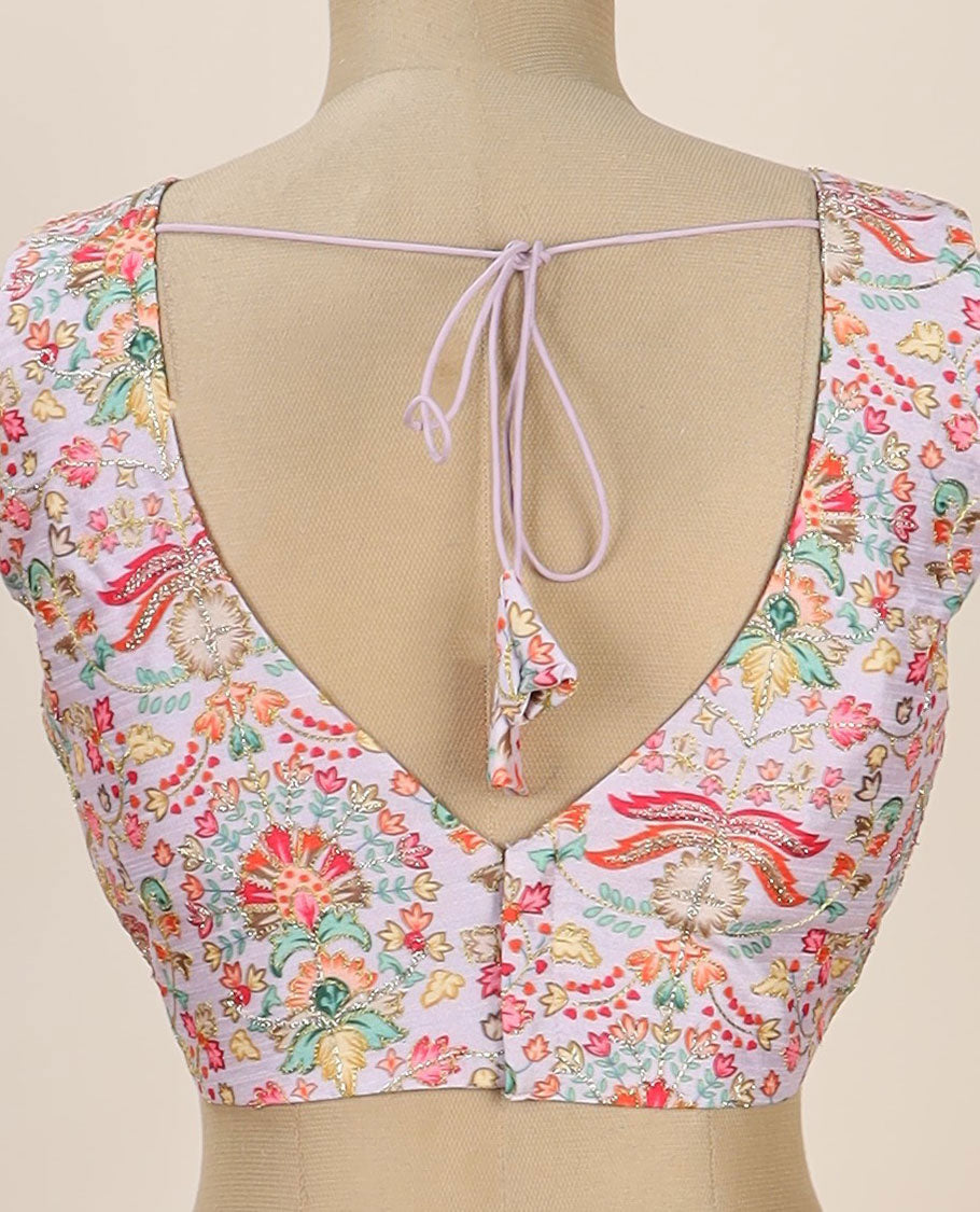Lavender intricate floral printed with thread embroidered front and back leaf-neck sleeveless readymade blouse