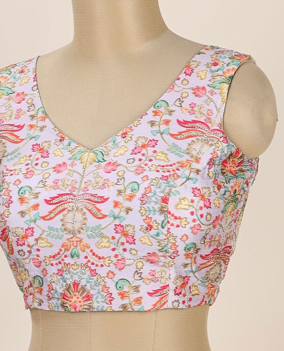 Lavender intricate floral printed with thread embroidered front and back leaf-neck sleeveless readymade blouse