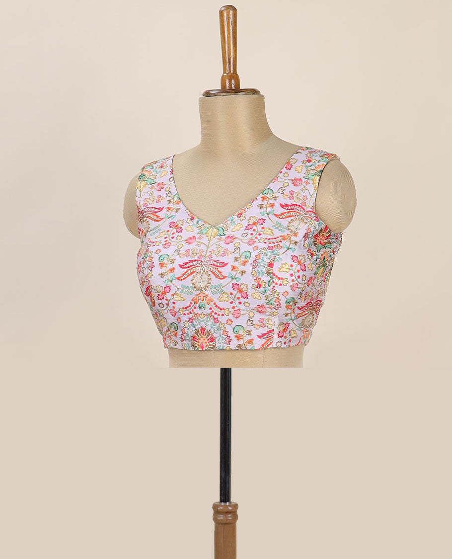 Lavender intricate floral printed with thread embroidered front and back leaf-neck sleeveless readymade blouse