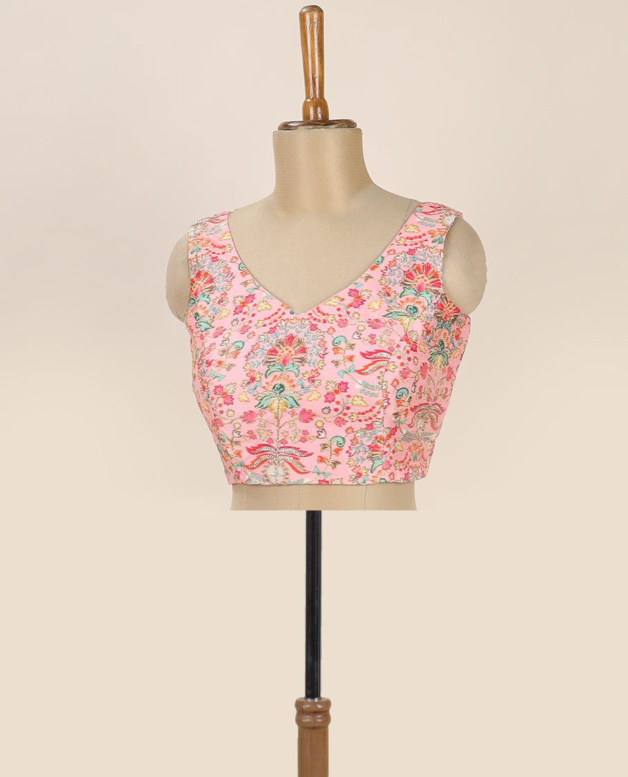 Pink intricate floral printed with thread embroidered front and back leaf-neck sleeveless readymade blouse