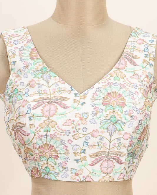 Cream intricate floral printed with thread embroidered front and back leaf-neck sleeveless readymade blouse