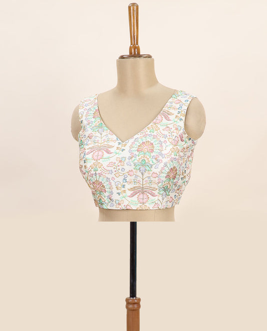Cream intricate floral printed with thread embroidered front and back leaf-neck sleeveless readymade blouse