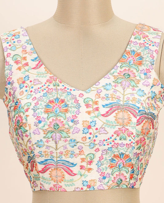 Cream intricate floral printed with thread embroidered front and back v-neck sleeveless readymade blouse