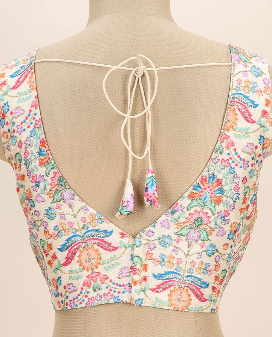 Cream intricate floral printed with thread embroidered front and back v-neck sleeveless readymade blouse