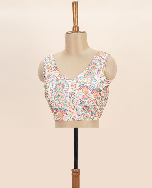 Cream intricate floral printed with thread embroidered front and back v-neck sleeveless readymade blouse
