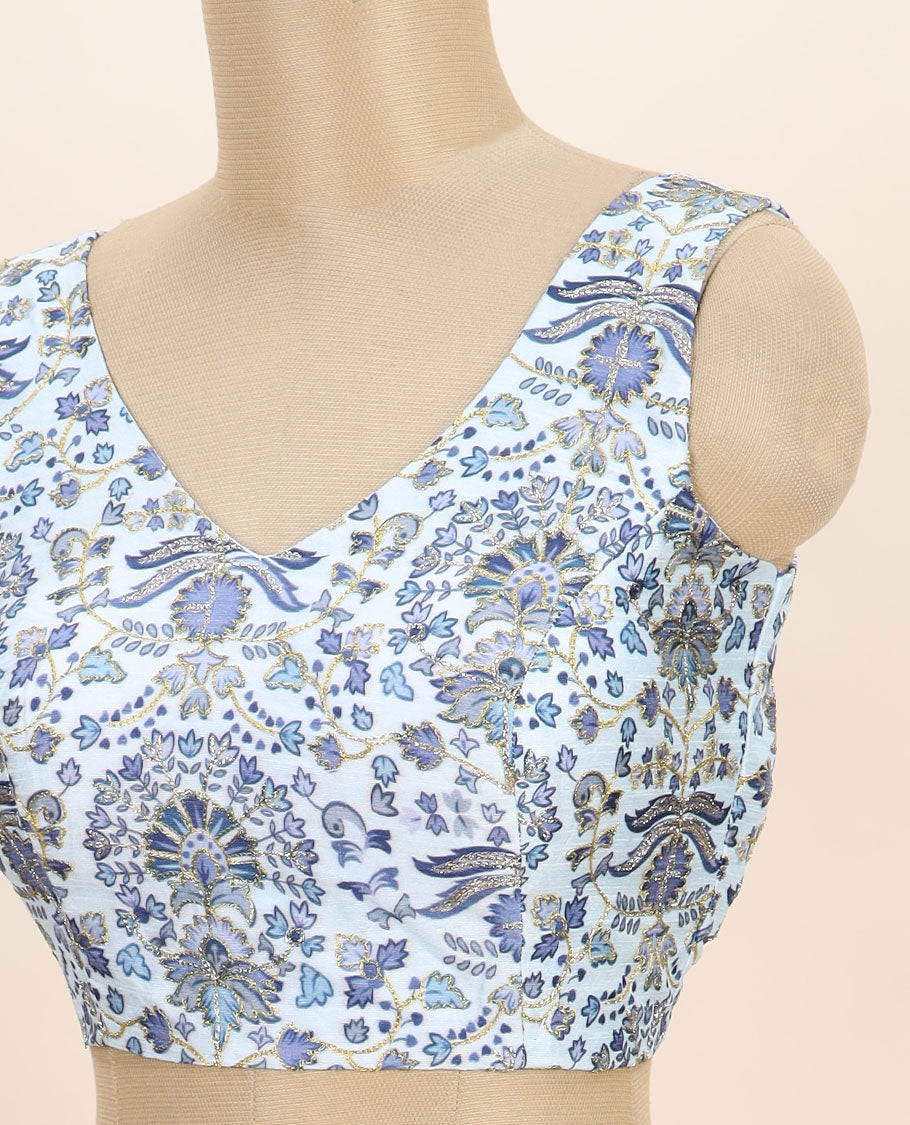 White intricate floral printed with thread embroidered front and back v-neck sleeveless readymade blouse
