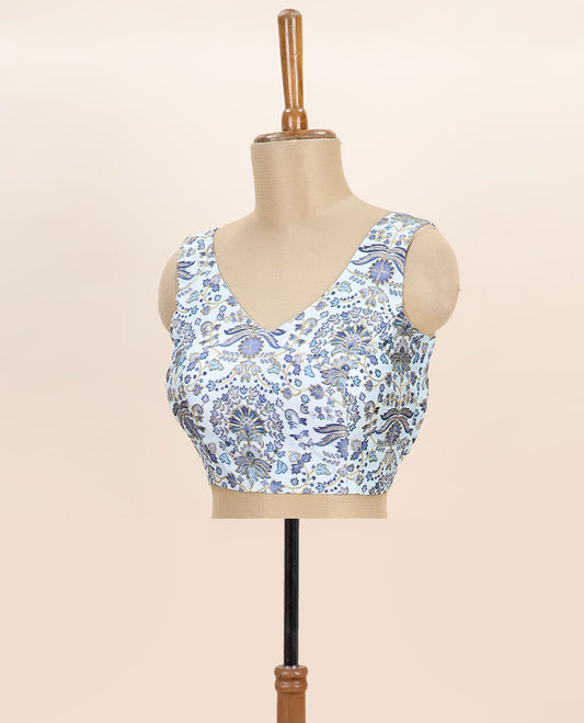 White intricate floral printed with thread embroidered front and back v-neck sleeveless readymade blouse