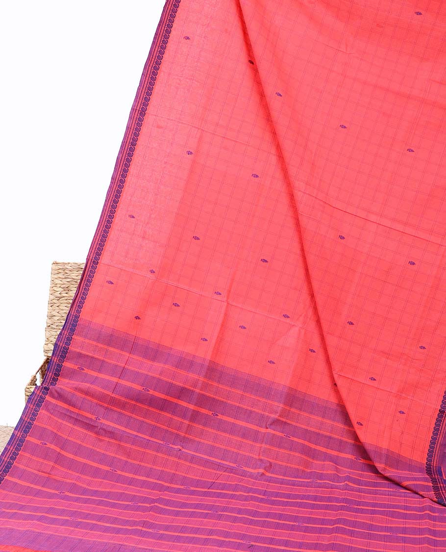 Pink checked andhra cotton saree with buttas, paisley design border & pallu of stripes