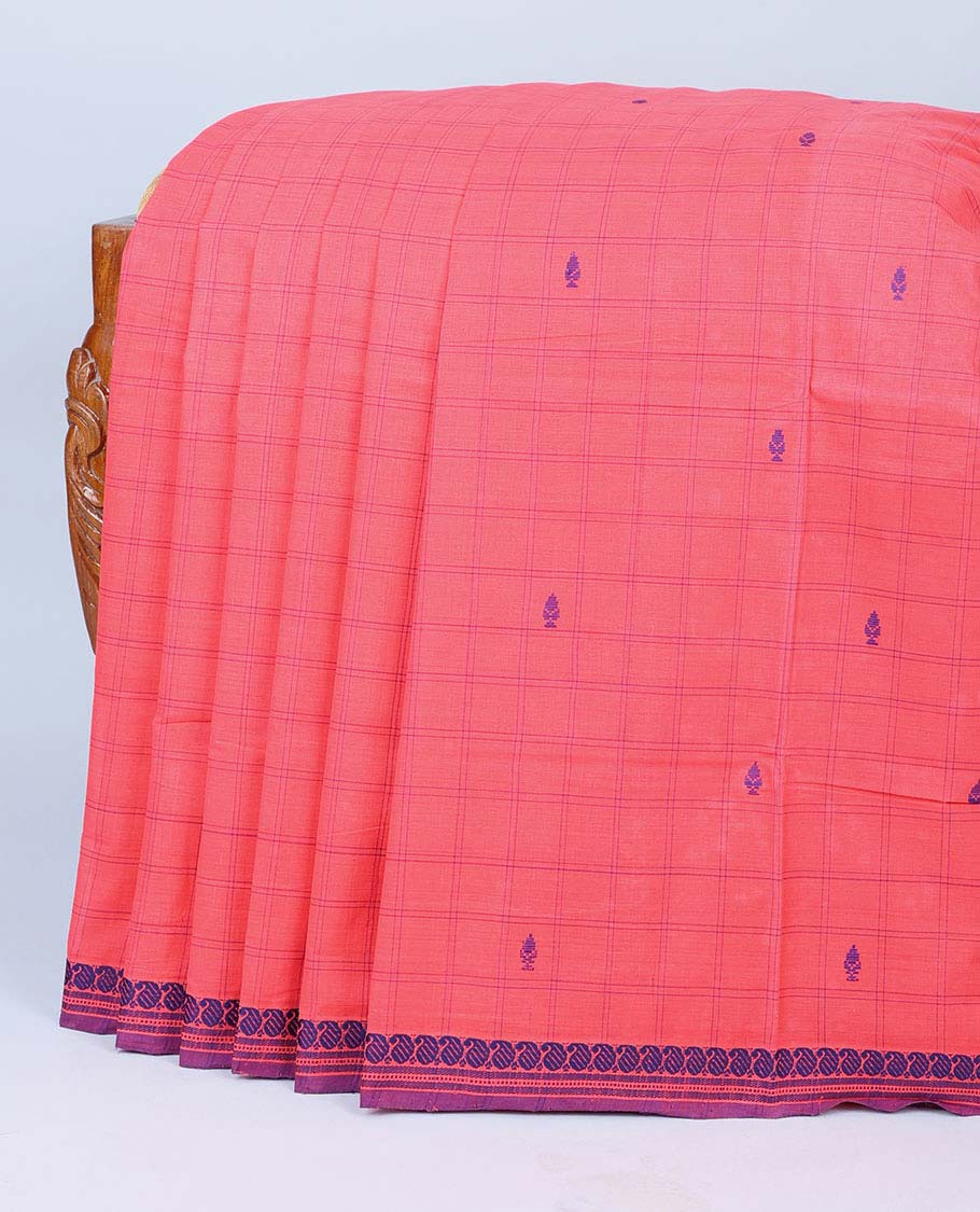 Pink checked andhra cotton saree with buttas, paisley design border & pallu of stripes