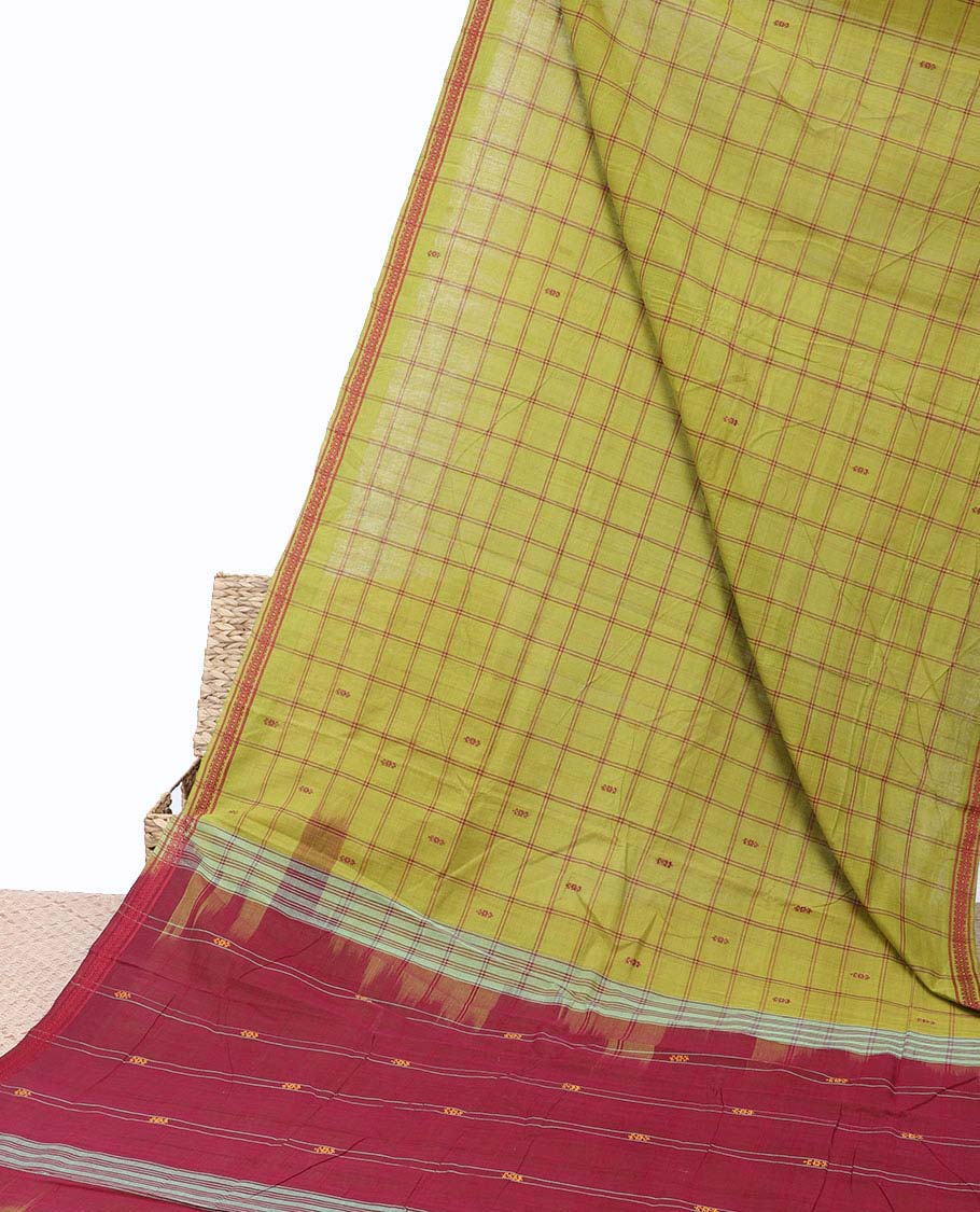 Green checked andhra cotton saree with buttas, self-border & contrast pallu of stripes