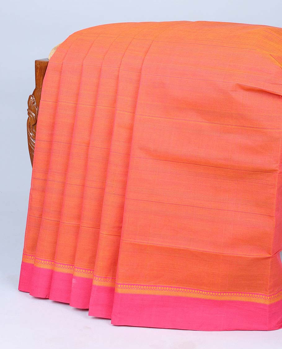 Orange striped Andhra cotton saree, contrast plain border & pallu of stripes