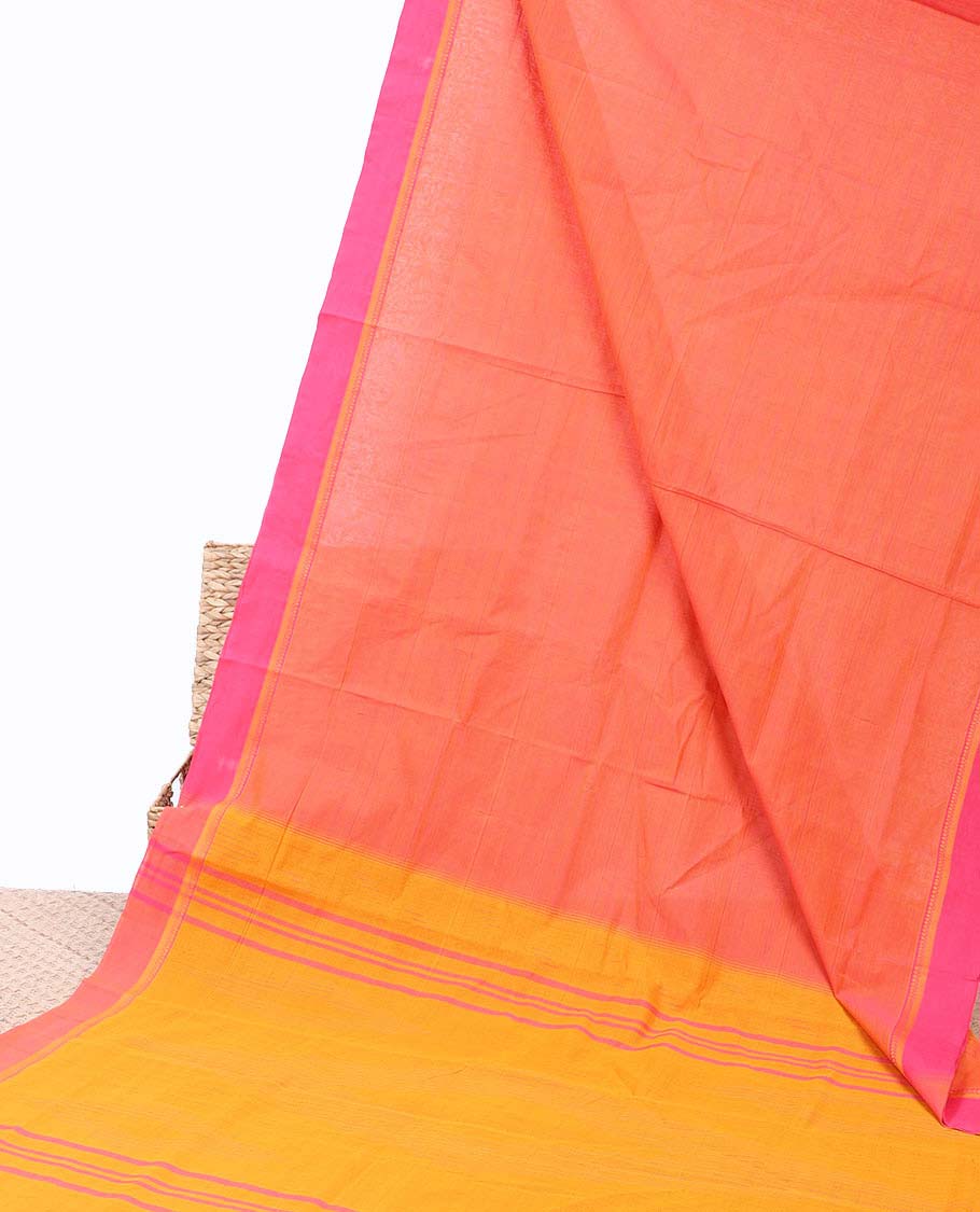 Orange striped Andhra cotton saree, contrast plain border & pallu of stripes