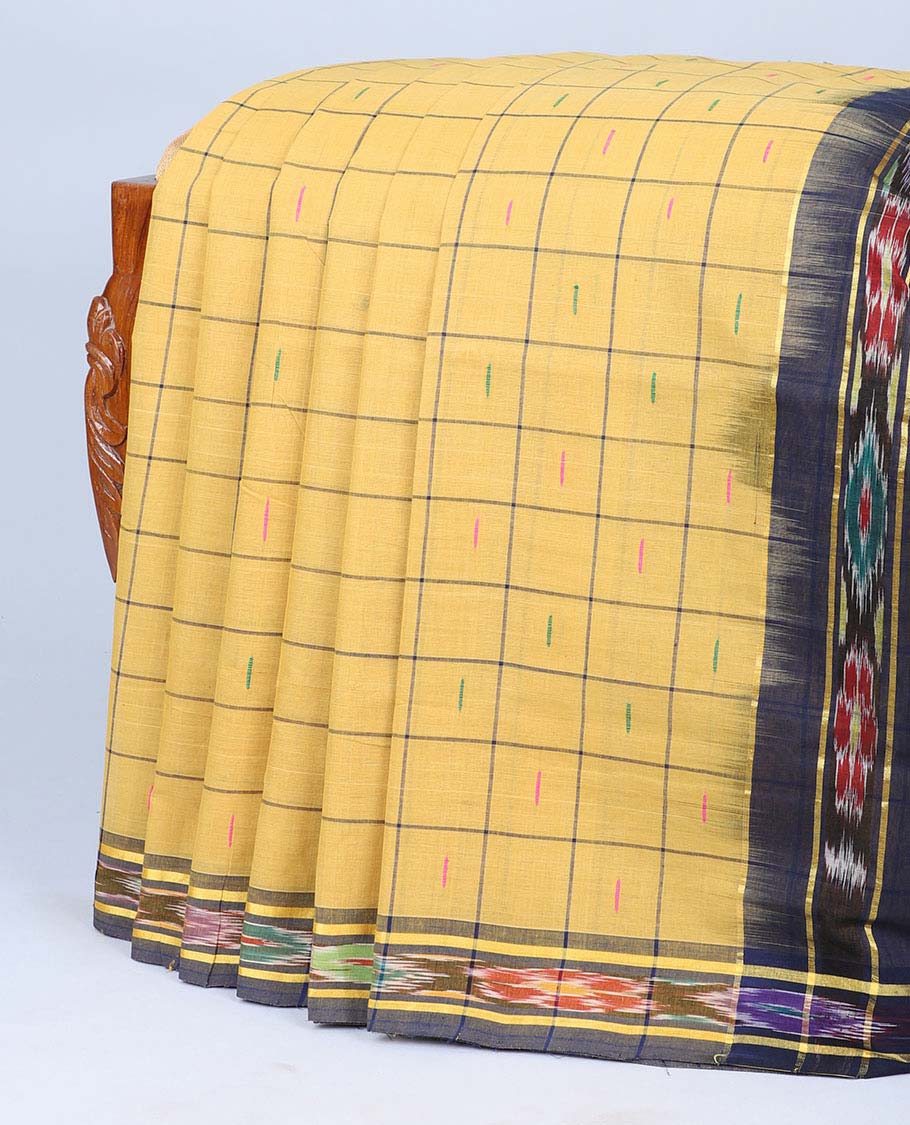 Yellow checked Andhra cotton saree with buttas, contrast ikkat border & pallu of colorful ikkat designs