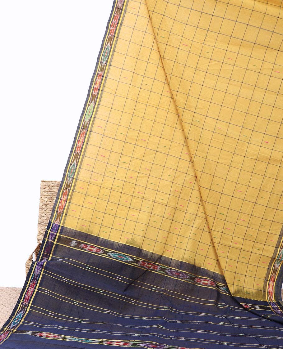 Yellow checked Andhra cotton saree with buttas, contrast ikkat border & pallu of colorful ikkat designs