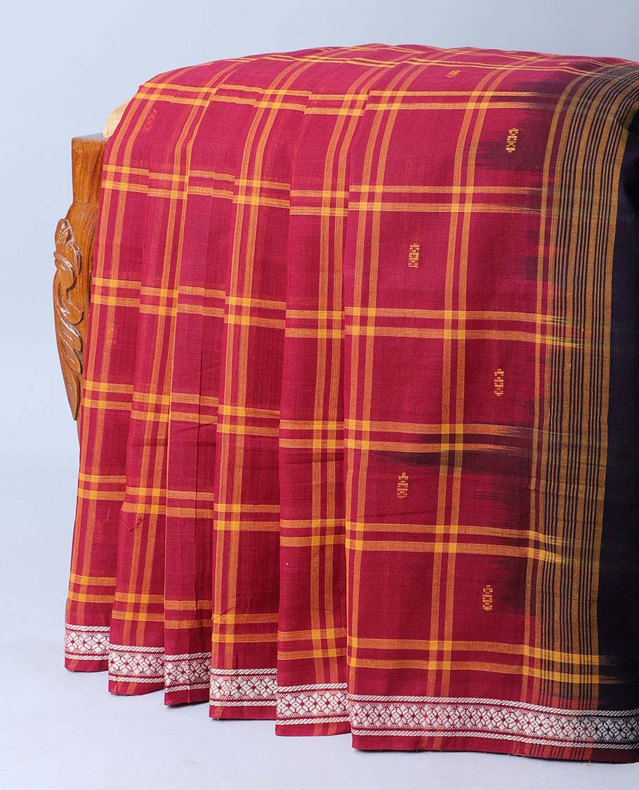 Maroon checked Andhra cotton saree with buttas, unique design border & contrast pallu of stripes & buttas