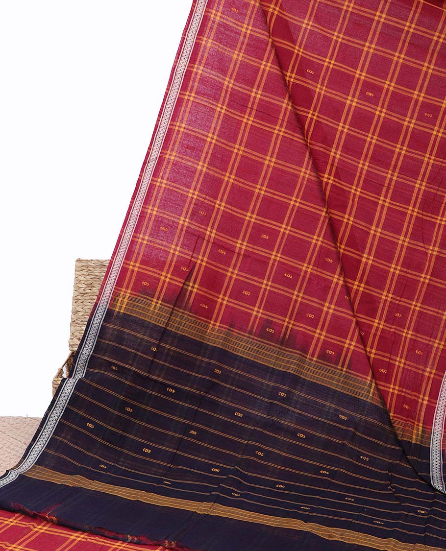Maroon checked Andhra cotton saree with buttas, unique design border & contrast pallu of stripes & buttas