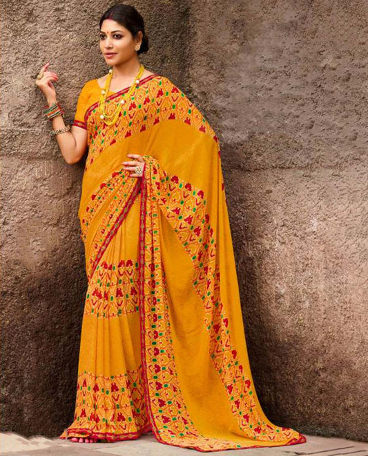 Orange intricately ikkat printed casual wear saree, lace border