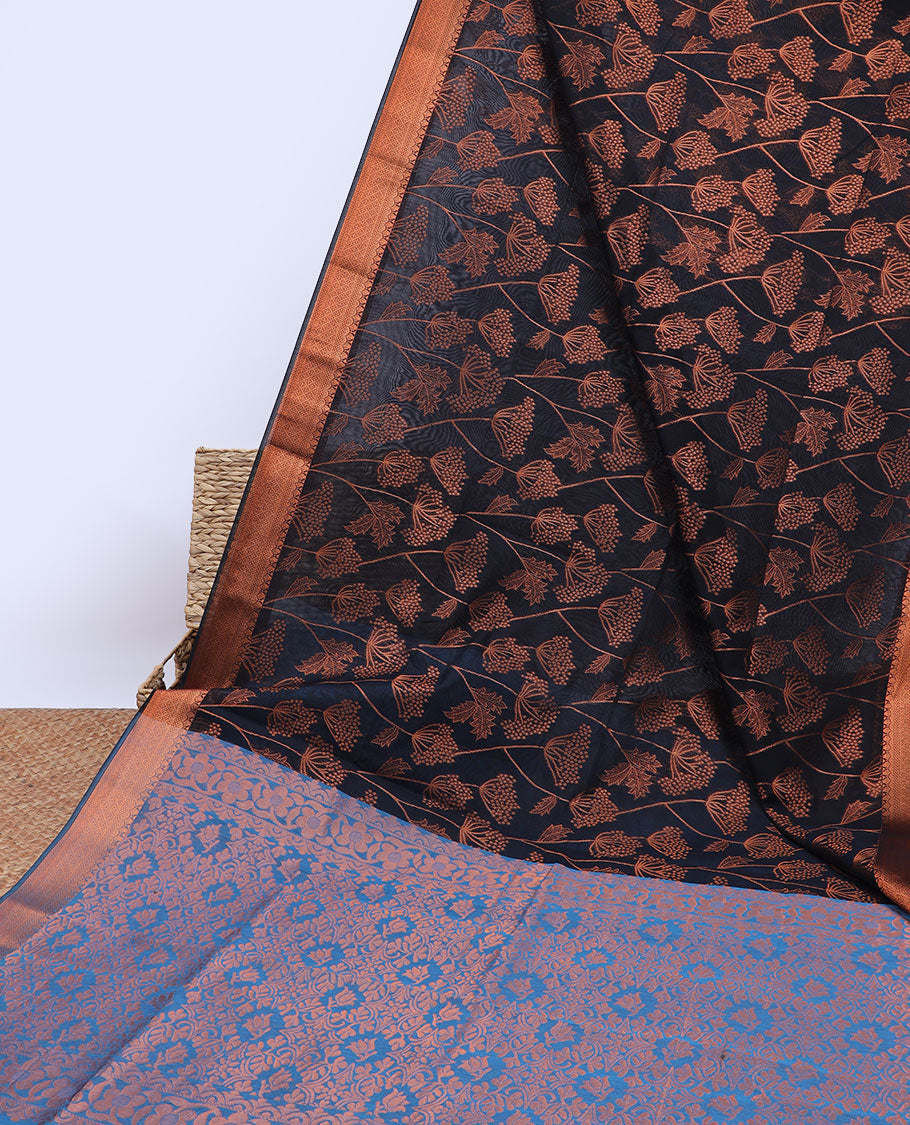 Black floral design semi-silk cotton saree, traditional design border & contrast pallu of intricate designs