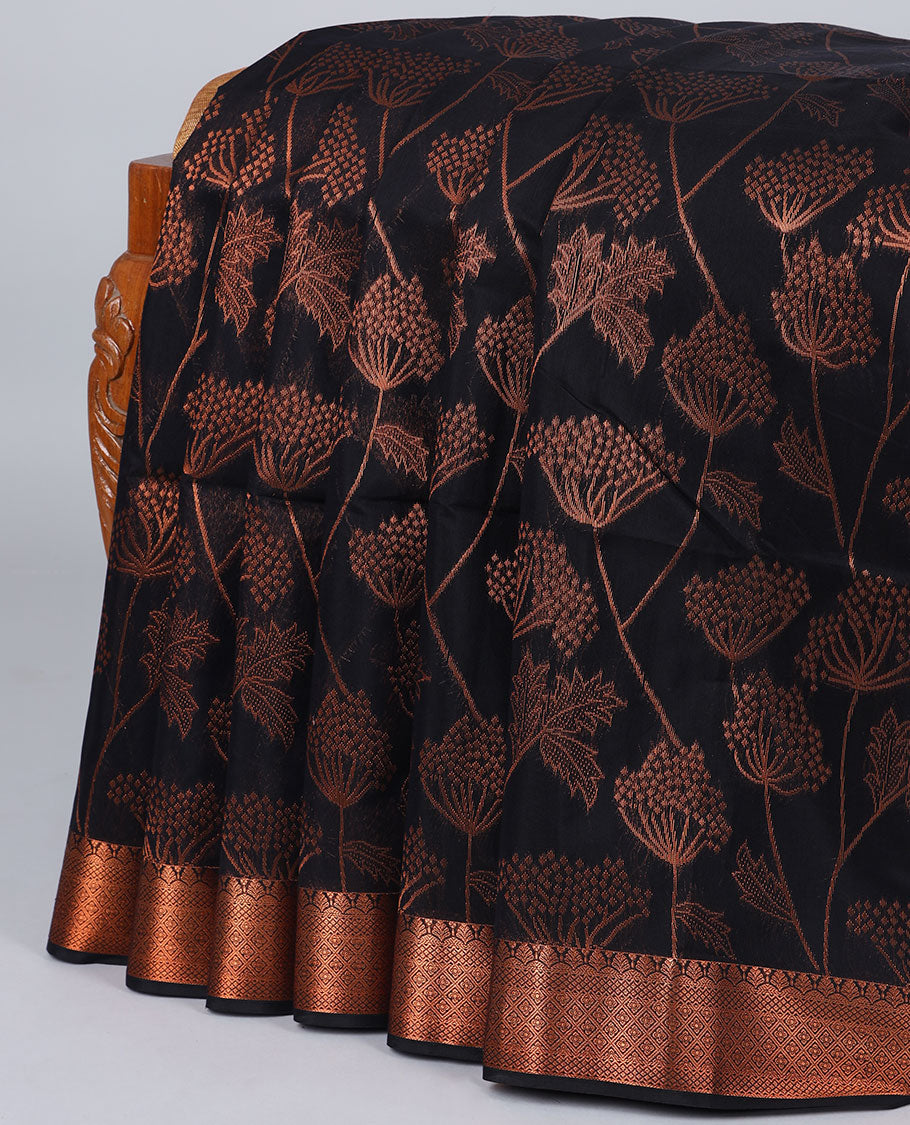 Black floral design semi-silk cotton saree, traditional design border & contrast pallu of intricate designs