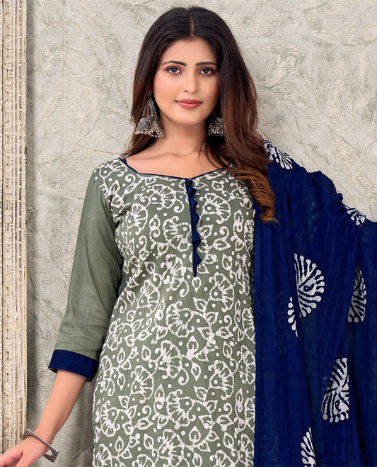 Grey material churidar catalog,batik floral vine printed top,contrast printed bottom & batik print dupatta