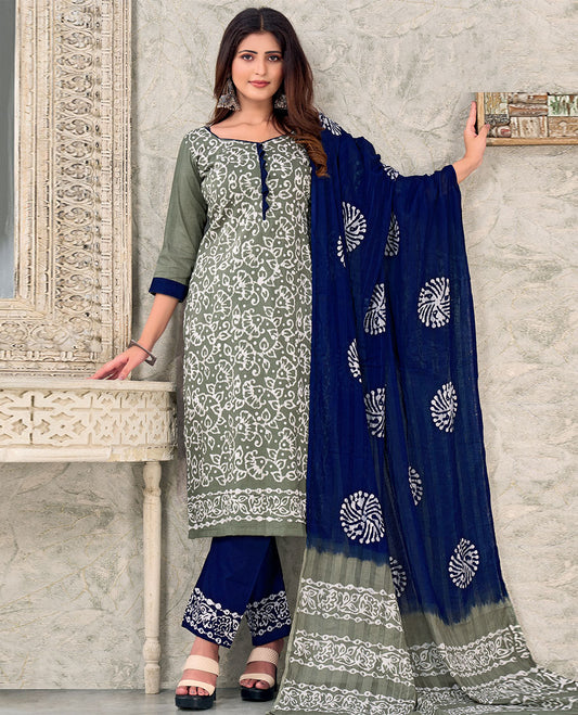 Grey material churidar catalog,batik floral vine printed top,contrast printed bottom & batik print dupatta
