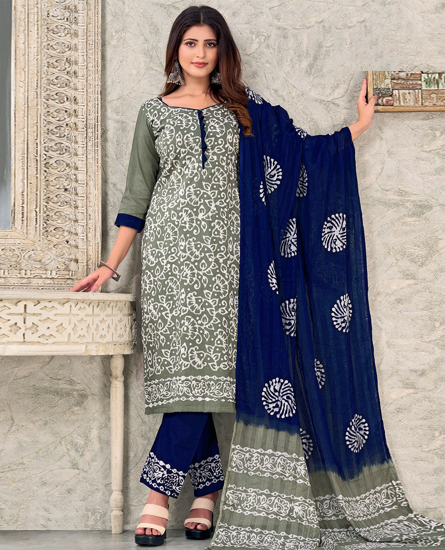 Grey material churidar catalog,batik floral vine printed top,contrast printed bottom & batik print dupatta