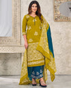 Green material churidar catalog, batik floral printed top,contrast printed bottom & batik printed dupatta
