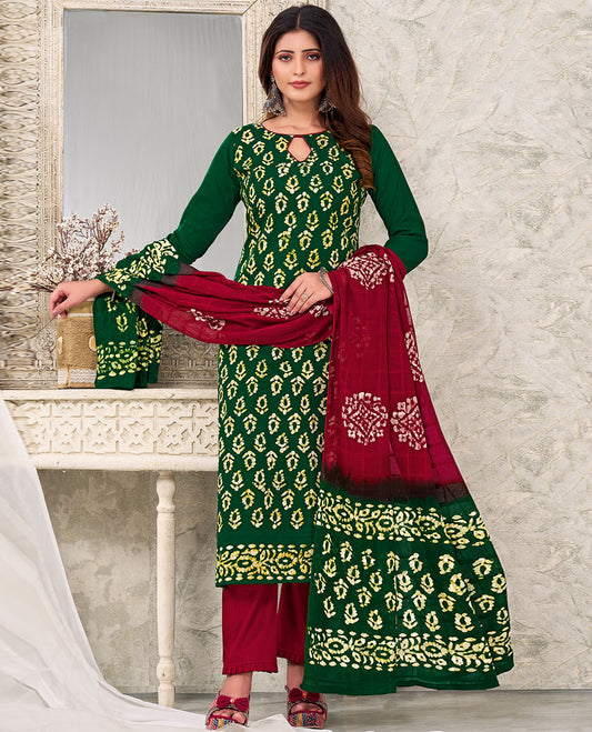 Green material churidar catalog, batik floral printed top, contrast bottom & batik printed dupatta