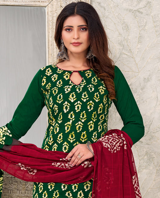 Green material churidar catalog, batik floral printed top, contrast bottom & batik printed dupatta