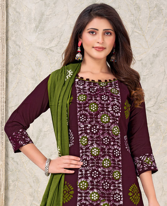 Maroon material churidar catalog, batik printed top,contrast bottom & batik printed dupatta