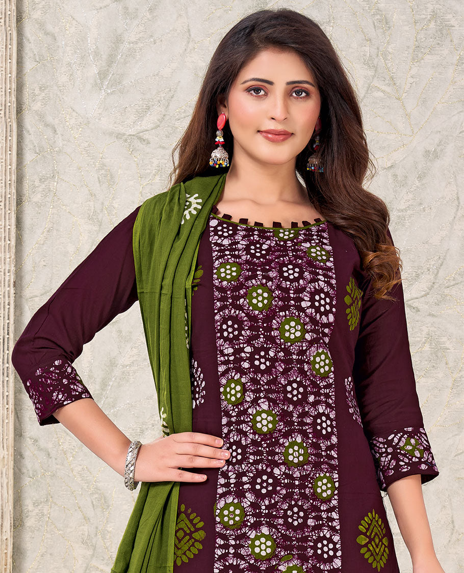 Maroon material churidar catalog, batik printed top,contrast bottom & batik printed dupatta