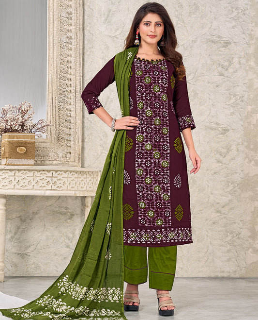 Maroon material churidar catalog, batik printed top,contrast bottom & batik printed dupatta