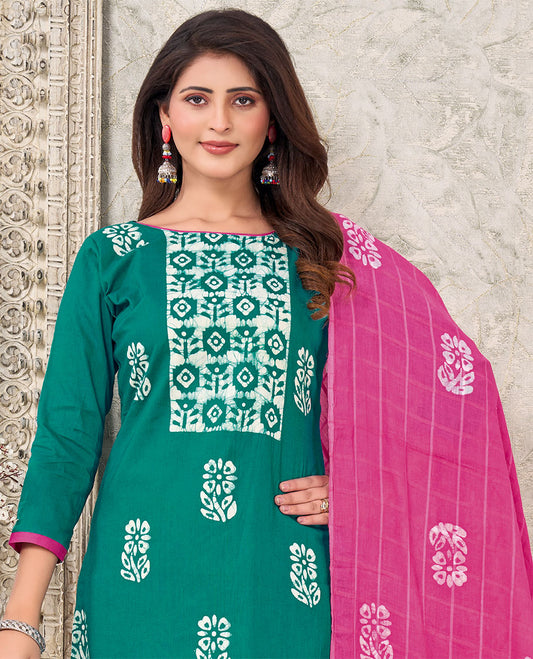 Green material churidar catalog, batik printed cotton top,contrast printed bottom & batik printed dupatta